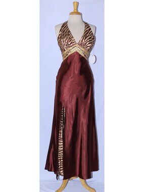 MayQueen #603 Long Tiger Print Satin Prom Gown -Size 4-CHOCOLATE & GOLD-NWT